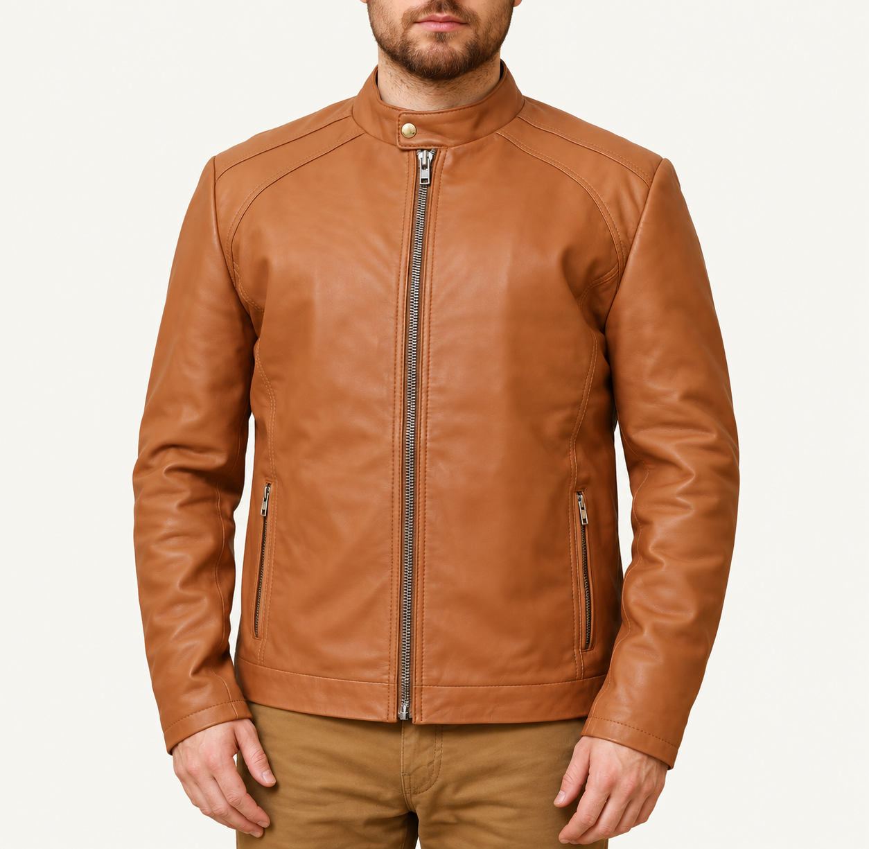 Men's Classic Tan Brown Leather Café Racer Jacket – Stand Collar Zip-Up Jacket